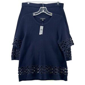 Ann Taylor Top and Skirt Set Womens LP Laser Cut Trim Stretchy Knitted Navy Blue